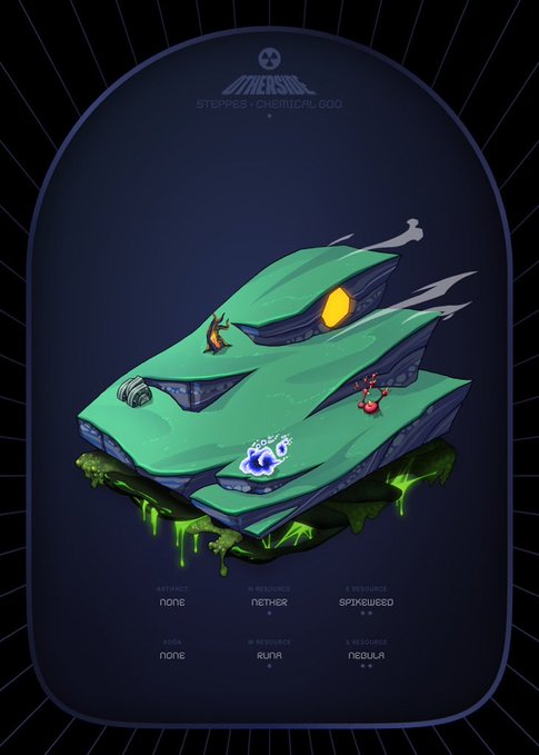 A digital artwork showing a green, lizard-like floating island labeled 'STEPPES - CHEMICAL EGG' with a logo at top and placeholder text fields at the bottom for artifact, mode, and resources.