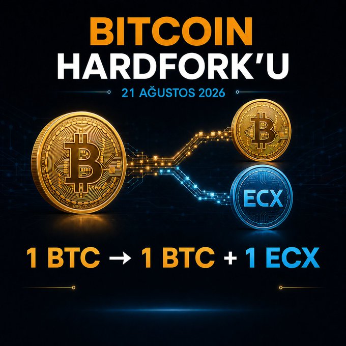 A graphic announcing a "BITCOIN HARDFORK'U" on "21 AĞUSTOS 2026," illustrating the conversion ratio of "1 BTC → 1 BTC + 1 ECX" alongside gold and blue coin icons, which corresponds to the post's announcement that Bitcoin holders will receive a 1:1 $ECX token distribution during the upcoming eCash hard fork.