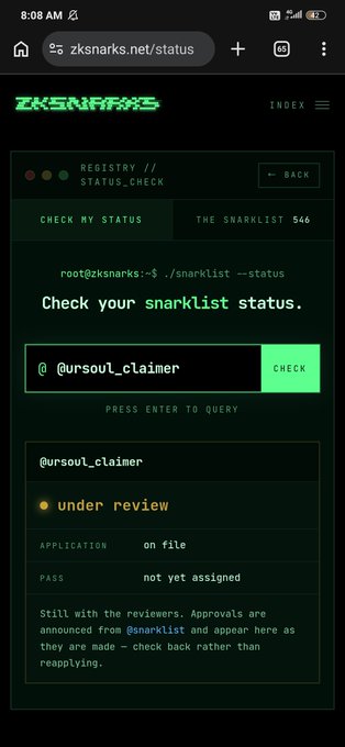 A mobile screenshot of zksnarks.net/status showing a snarklist status check page for user @ursoul_claimer, indicating 'under review' status with application on file.