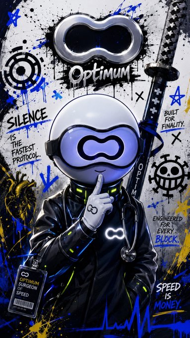 A stylized graphic illustration of a character in a lab coat and mask with text reading 'Optimum', 'Silence is the fastest protocol', 'Built for finality', and 'Speed is money'.