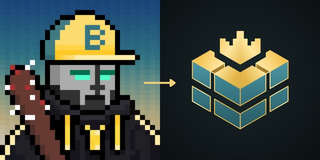 A pixel art illustration shows a bearded character wearing a yellow hard hat with the letter 'B' and holding a pickaxe, with an arrow pointing to a gold and teal crown-shaped logo.