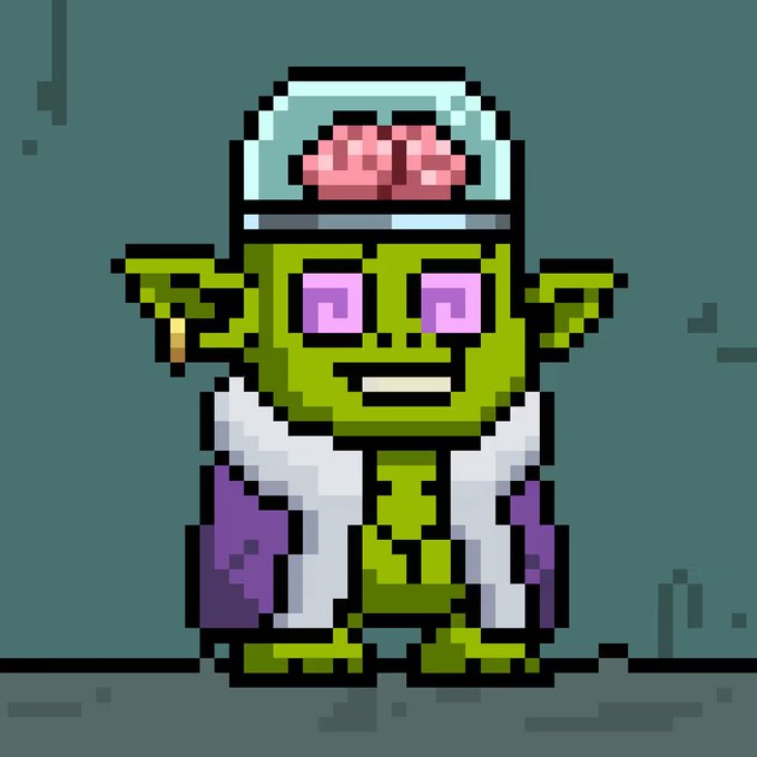 A pixel art illustration of a green goblin-like creature wearing a white lab coat and a clear helmet with a visible pink brain, smiling broadly. The character likely represents a "GM" (good morning) crypto meme figure, fitting the post's cheerful greeting and optimistic message about a free mint and profits.