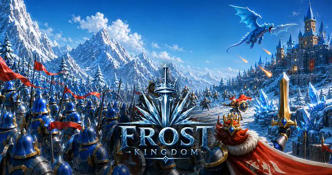 Promotional artwork for the "Frost Kingdom" campaign on ONE Wave, featuring a snowy fantasy battle scene with armored knights, a red-caped hero, a blue dragon, and an ice castle under a bright sky. The "Frost Kingdom" logo is prominently displayed in the center, visually aligning with the post's call to "Build Your Alliance" through the game's 6 content pillars.