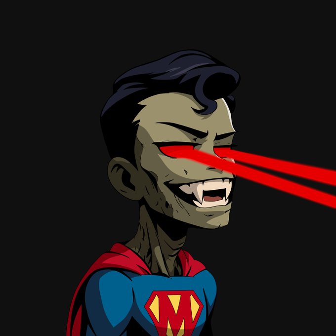 A cartoon-style illustration of a villainous character with slicked-back dark hair, sharp fanged teeth, and red laser beams shooting from his eyes, wearing a blue shirt with a red 'M' and cape.
