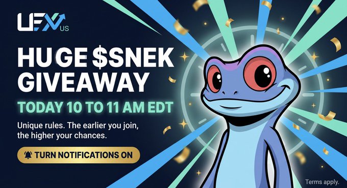 A promotional graphic for "LEAFX US" announces a "HUGE $SNEK GIVEAWAY" running from 10 to 11 AM EDT, featuring a cartoon blue frog character with a glowing aura. The design emphasizes unique rules favoring early participants and includes a call-to-action button urging users to "TURN NOTIFICATIONS ON."