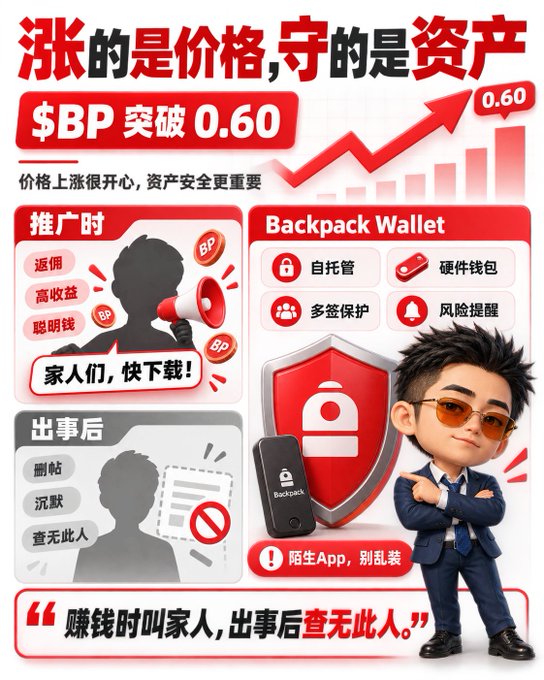 A Chinese-language promotional graphic about cryptocurrency with the headline '涨的是价格,守的是资产' (Prices rise, assets are protected), highlighting '$BP 突破 0.60' and advertising 'Backpack Wallet' features like self-custody and hardware wallet security.