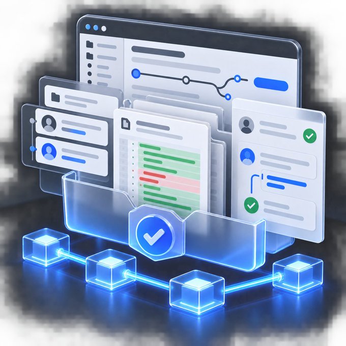 A 3D digital illustration depicting software project management concepts with floating UI panels, documents, a checkmark shield, and glowing blue blockchain-style cubes connected by lines.