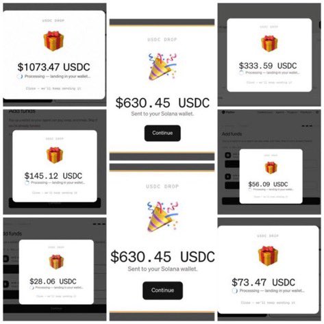 A collage of multiple screenshots showing USDC cryptocurrency airdrop notifications of varying amounts, including $1073.47, $333.59, $145.12, $56.00, $630.45, $28.06, and $73.47, sent to a Solana wallet.