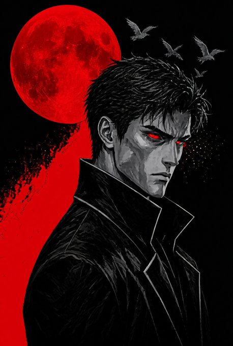 A dark anime-style illustration shows a man with glowing red eyes wearing a black coat, set against a large red moon with black birds flying in the background.