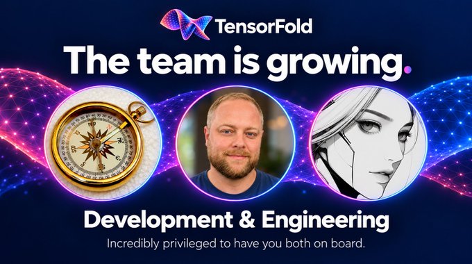A promotional graphic for 'TensorFold' announcing 'The team is growing' in Development & Engineering, featuring three circular icons: a compass, a man's portrait, and an illustrated female character, set against a colorful network background.