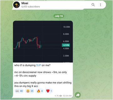 The image shows a screenshot of a tweet from "Moei" (6,653 subscribers) posted on July 16, featuring a candlestick chart of a token with values ranging from 2.00M to 10.00M, along with the text questioning who is "dumping $UP" and criticizing the descent from a ~$5m market cap down to ~$4-5%. The accompanying post celebrates this same @0xMoei caller's earlier $UP recommendation at $5m market cap, which the poster says turned a $20 investment into $700+, with the token now reaching $190m market cap after a partnership announcement.