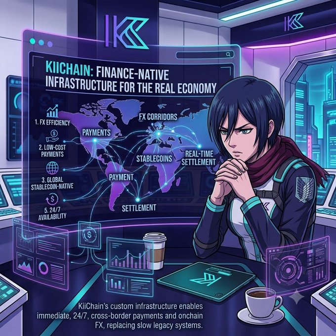 A woman in a high-tech control room gazes at a holographic display titled "KIICHAIN: FINANCE-NATIVE INFRASTRUCTURE FOR THE REAL ECONOMY," which features a world map highlighting global "FX CORRIDORS," "PAYMENTS," "STABLECOINS," "REAL-TIME SETTLEMENT," and a numbered list of capabilities including "1. FX EFFICIENCY," "2. LOW-COST PAYMENTS," "3. GLOBAL STABLECOIN-NATIVE," and "4. 24/7 AVAILABILITY." The image visually reinforces the post's message by illustrating KiiChain's specialized infrastructure designed to solve the shortcomings of traditional blockchains, enabling seamless cross-border payments and FX rather than just basic asset transfers.