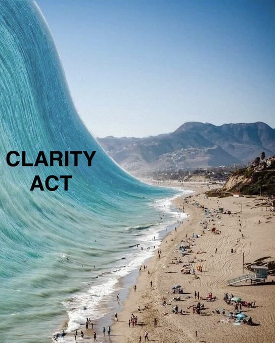 A surreal image showing a massive wave on the left with the text 'CLARITY ACT', while the right side shows a sunny beach scene filled with tiny people and a coastline.