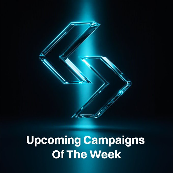 Two glowing cyan arrow icons point downward against a dark background with a spotlight effect, above white text reading "Upcoming Campaigns Of The Week." The image's title aligns with the post's focus on highlighting new Bitget campaigns and rewards for the week.