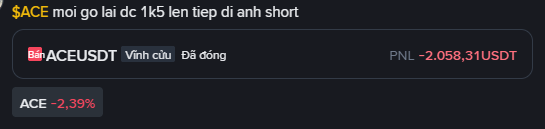 A Binance trading interface shows the ticker 'ACEUSDT' with a price decrease of -2.39%, displaying a PNL of -2,058.31 USDT.