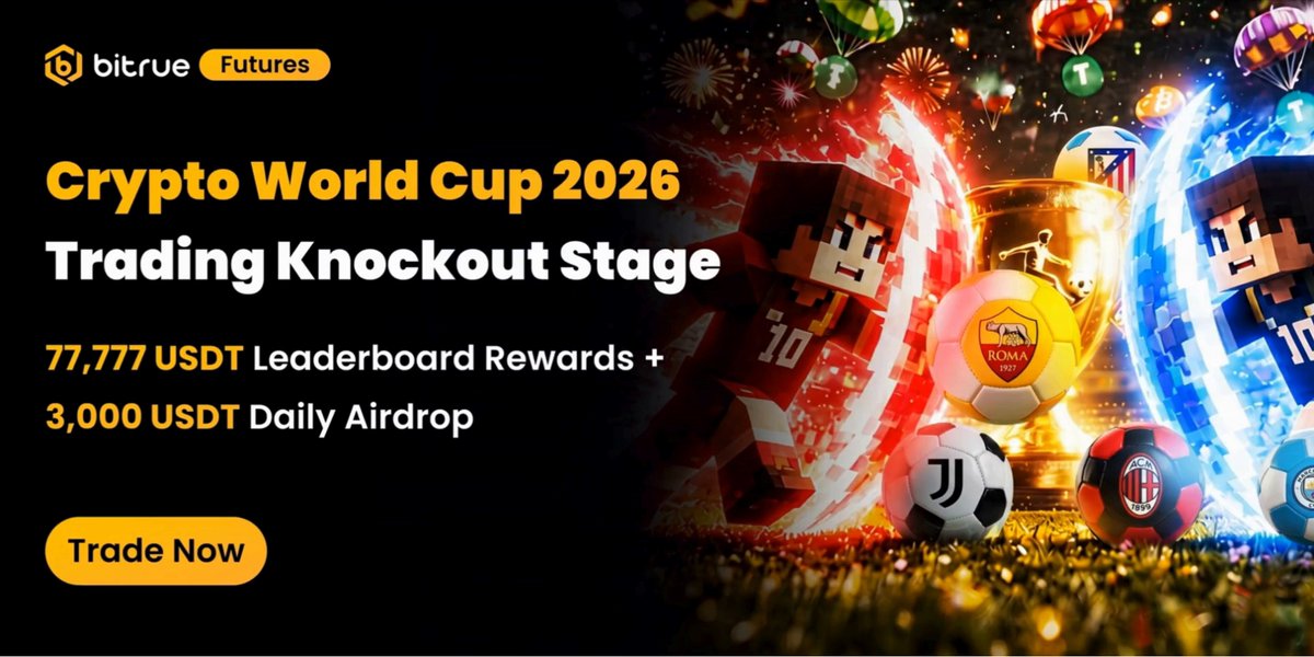 The image features a banner for a Cryptocurrency trading competition called "Cypthon World Cup 2026 Trading Knockout Stage". The banner displays the text "Crypto World Cup 2026 Trading Knockout Stage" along with an illustration of two characters, one wearing red and the other in blue. The background shows a soccer field filled with sports balls, including soccer balls and basketballs. The image also includes a link to the trading competition page on the website "btirue".