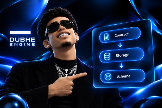 A promotional image for 'DUBHE ENGINE' showing a stylish man in sunglasses pointing to a flow diagram connecting 'Contract', 'Storage', and 'Schema' against a dark blue background.