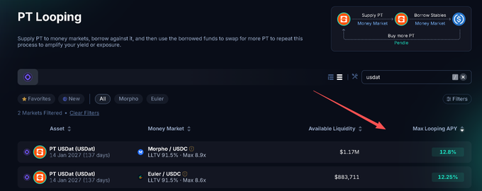 A 'PT Looping' interface explains the process of supplying PT to money markets, borrowing against it, and swapping for more PT to amplify yield, listing PT USDe and PT USDat markets with looping APYs around 12.25%.
