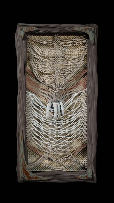 A dark, gothic digital artwork depicting a ribcage made of bone and webbing inside a wooden frame against a black background.
