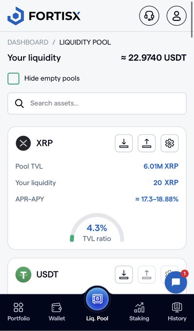 The image shows a smartphone screen displaying a user interface for Fortisx Liquidity Pool, which is an online marketplace where users can buy and sell digital assets such as cryptocurrencies. The app has a clean design with a blue background and white text. It features various buttons and icons that allow the user to navigate through different sections of the app. The post about Fortisx Liquidity Pool suggests that it might be a new or recently launched platform, and the user is likely trying out the app for the first time.