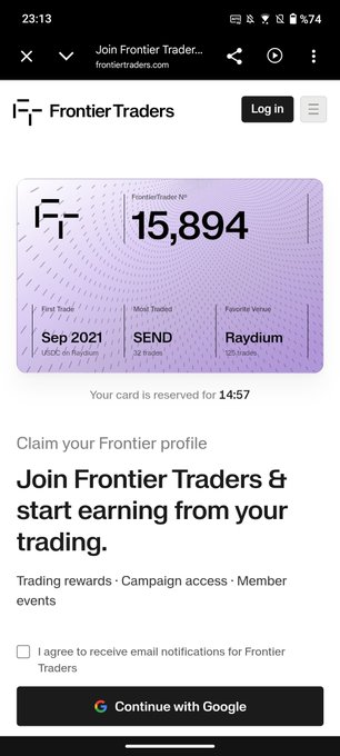 A mobile screenshot of the Frontier Traders website shows a member profile card with the number 15,894, noting the first trade as "Sep 2021" and favorite venue as "Raydium", with a prompt to claim the profile via Google.