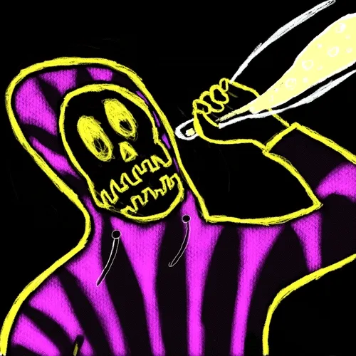 A crude digital drawing displays a grim reaper figure wearing a purple hooded robe with yellow outlines. The skeletal figure holds a yellow object featuring a biohazard symbol.
