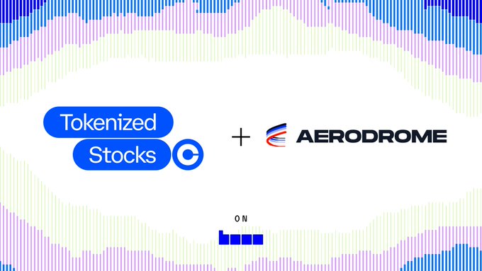 A promotional graphic announcing a partnership between 'Tokenized Stocks' (with a 'C' logo) and 'AERODROME', displayed on a colorful waveform background with 'ON' Base branding.