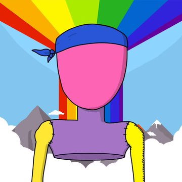 A colorful cartoon illustration of a faceless character with a pink head, blue bandana, purple shirt, and yellow arms, set against a sky background with a rainbow and mountains.