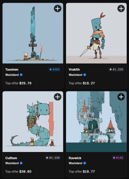 A mobile interface displaying four NFT-style pixel art characters: 'Taaskwn Wasteland', 'Vrakith Wasteland', 'Cuillvinn Wasteland', and 'Raweick Wasteland', each with a top offer price.