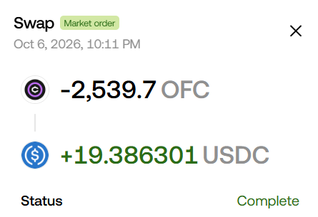 A swap confirmation screen showing a completed market order on Oct 6, 2026, at 10:11 PM, exchanging -2,539.7 OFC for +19.386301 USDC.