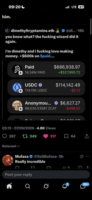 A screenshot of a social media post from 'dimethyltryptamine.eth' celebrating making money, showing crypto payment figures including 'Paid $686,938.97' and 'USDC $114,142.49'.