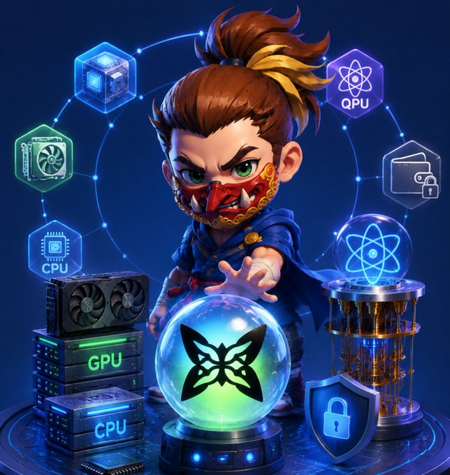 A 3D-rendered cartoon character with a topknot and face mask using magic over a glowing crystal ball, surrounded by floating tech icons labeled 'CPU', 'GPU', and 'QPU'.