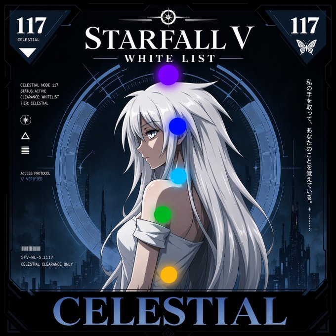 An anime-style illustration titled 'STARFALL V WHITE LIST' featuring a white-haired character with glowing colored orbs, framed by a futuristic interface with the word 'CELESTIAL' at the bottom.