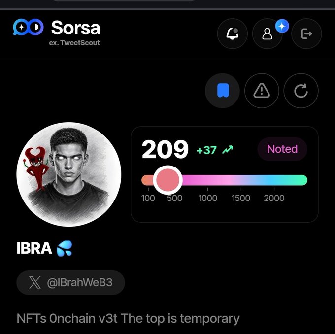 A Sorsa (ex. TweetScout) analytics dashboard showing a user profile for "IBRA" (@IBrahWeb3) with a score of 209 (+37), displaying the bio "NFTs Onchain v3t The top is temporary."