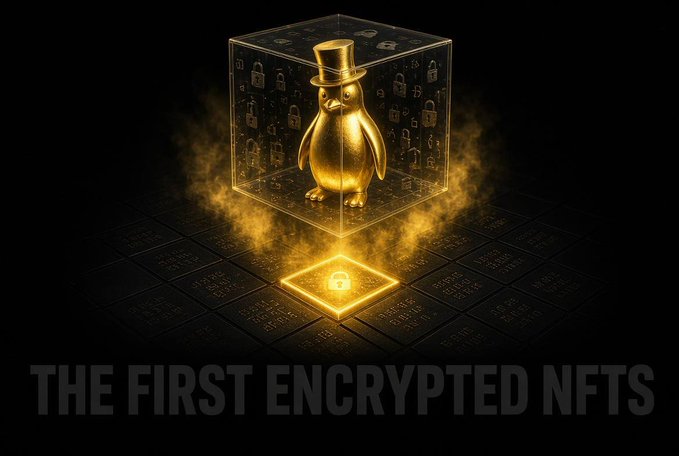 A digital graphic featuring a golden penguin wearing a top hat inside a transparent cube filled with padlock icons, with the text 'THE FIRST ENCRYPTED NFTS' displayed at the bottom.