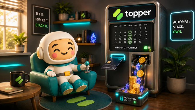 A vibrant 3D illustration of a chibi astronaut mascot relaxing in a chair next to a 'topper' crypto staking machine that dispenses ETH and BTC coins into a self-custody wallet.