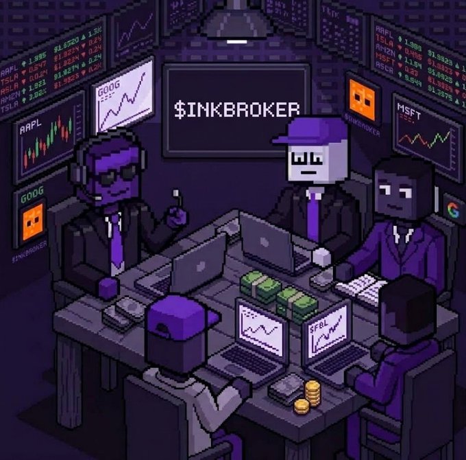 Pixel art illustration titled "$INKBROKER" depicting characters in suits and masks around a table with laptops and cash, with stock tickers visible on background monitors.