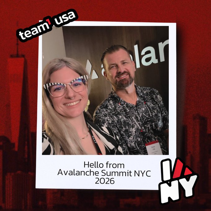 A polaroid-style photo of two people at the Avalanche Summit NYC 2026 event, labeled 'team1 usa' with an NYC skyline backdrop.