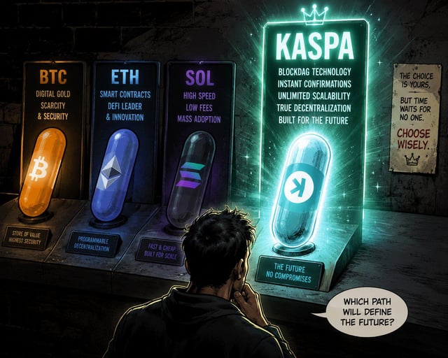 The image features a man standing next to a display of four different colored pills, each with a unique label that reads "Ethereum", "SOL", "BTC", and "Kaspa". The man appears to be contemplating which pill he should take or is intrigued by the various options. The post in the image seems to be promoting Bitcoin, as indicated by the text "Free Kaspa vibes".