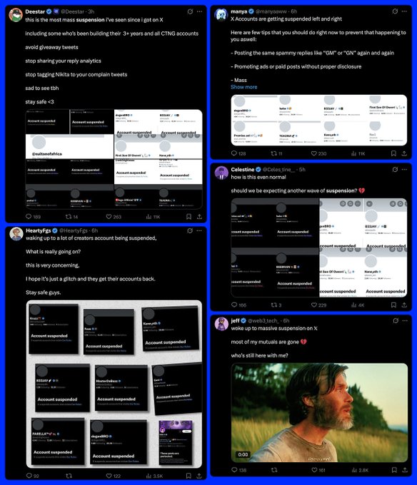A collage of six X (formerly Twitter) posts from users including @deestar0, @manya, @celestine_tine, @HeartyFgo, and @red3_jack showing multiple "Account suspended" screenshots, capturing a mass suspension wave of crypto Twitter accounts that the accompanying post describes as "one of the worst days ct has had in a long time."