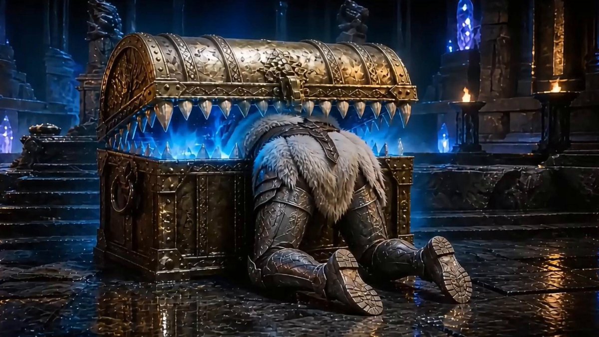 The image features a scene where a knight kneels down next to a large, ornate gold chest filled with blue flames. The knight appears to be kneeling over the chest, possibly in a moment of contemplation or awe at the fiery spectacle within. The chest is situated on a stone floor and surrounded by various statues and other objects that contribute to the overall atmosphere of the scene.

The image also includes text that reads "This is exactly what happens when creativity meets AI @ZARGATES", which suggests that this scene might be part of an NFT collection or digital artwork created by someone who has combined their artistic vision with artificial intelligence (AI) technology to generate a unique and captivating visual experience.