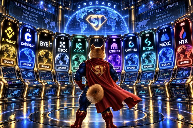 A digital illustration of a superhero dog wearing a red cape with an "SI" logo, standing in a futuristic room with screens displaying cryptocurrency exchanges like Binance, coinbase, OKX, KuCoin, Kraken, Gate.io, Bitget, MEXC, and HTX under the word "UPGRADE".