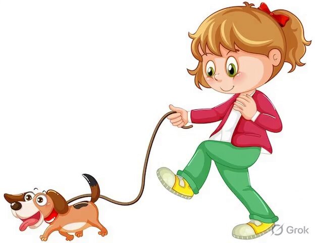 The image features a girl walking her dog, with both of them wearing red jackets. The girl appears to be enjoying their walk together as they stroll along.