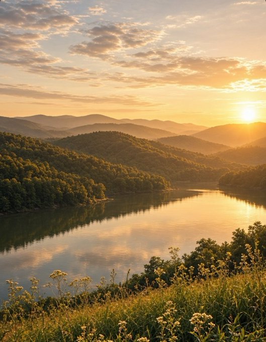 A serene sunset scene displays a calm river winding through forested mountains, with the golden light of the setting sun reflecting on the water's surface.