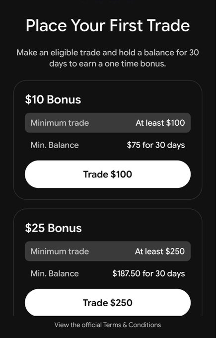 A dark-themed promotional screen from BaseApp titled "Place Your First Trade" showing two bonus tiers for new users: a $10 bonus requiring a minimum $100 trade and $75 balance held for 30 days, and a $25 bonus requiring a minimum $250 trade and $187.50 balance held for 30 days, with "Trade $100" and "Trade $250" buttons below each offer. The image visually confirms the cashback campaign details outlined in the accompanying post.