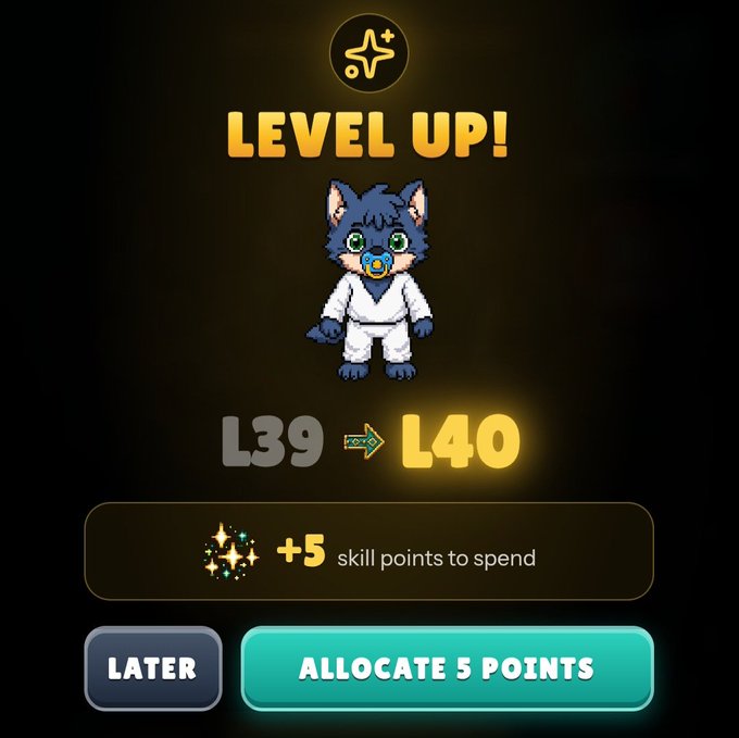 The image shows a character named Paddy Paws from Wolfage, who has just leveled up to Level 40 in the game. The post also mentions that there are more than 1,000 pups being hatched daily, which indicates an increase in players joining the game. Additionally, the post highlights that Paddy Paws remains consistent and focused on leveling up, showcasing his dedication to improving his skills within the game.