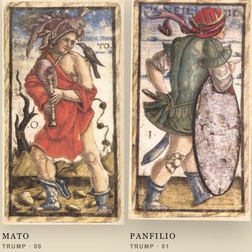 Two tarot-style cards labeled "MATO TRUMP - 00" (holding a dagger, wearing red) and "PANFILIO TRUMP - 01" (holding a shield, wearing green).
