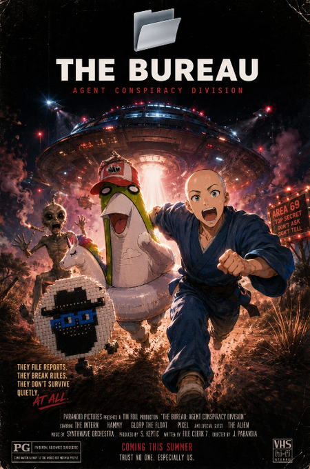 The poster features a man dressed as a chicken running through a desert landscape with a large alien spaceship flying overhead. The title of the movie, "The Bureau", is prominently displayed at the top of the poster. The poster also includes text about the film's lead developer and his role in managing grants, partnerships, and programs like Avalanche Rush and infraBUIDL (AI).