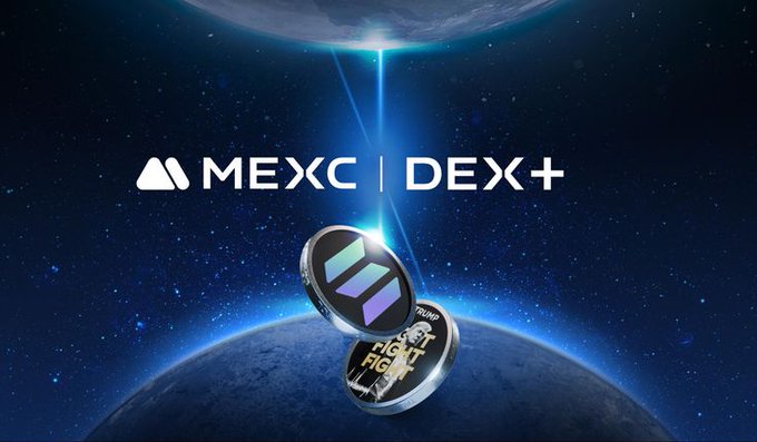 A space-themed promotional graphic displaying the MEXC DEX+ logo with stylized cryptocurrency coins floating against a starry planetary backdrop.