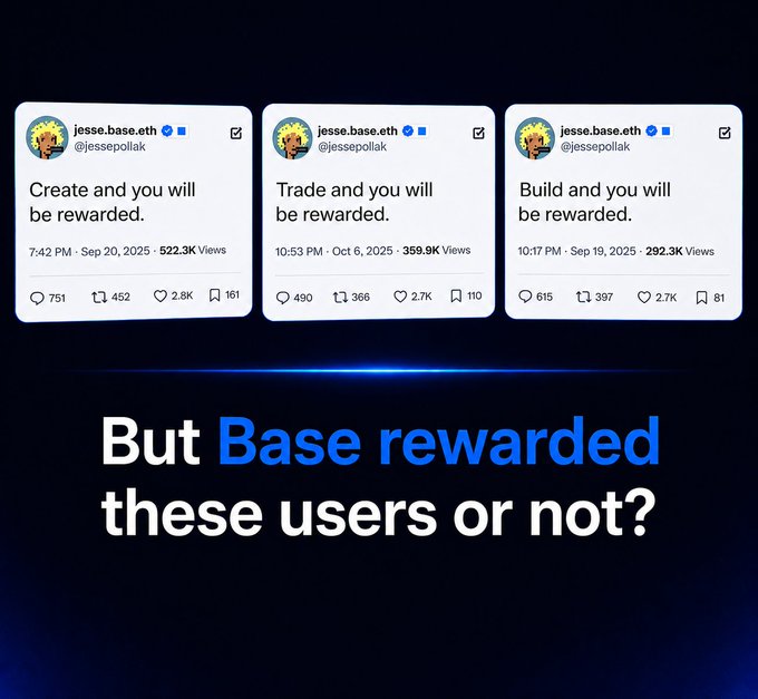 The image shows three white squares with black text arranged vertically against a dark blue background. The first square has a quote from @base founder JessPolak about the rewards system, while the second square also contains a quote by @base founder JessPolak about the importance of creating and sharing content for reward. The third square features another quote from @base founder JessPolak about the benefits of using Base to build and share content. These three squares are arranged in a row on the image, with each one having its own space between them.
